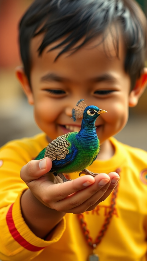 A happy Asian child holds tiny peacock.