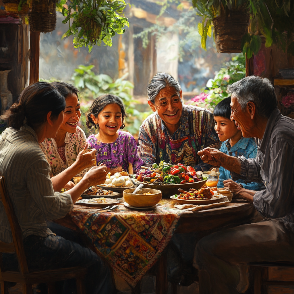 A happy Guatemalan family sharing a meal together