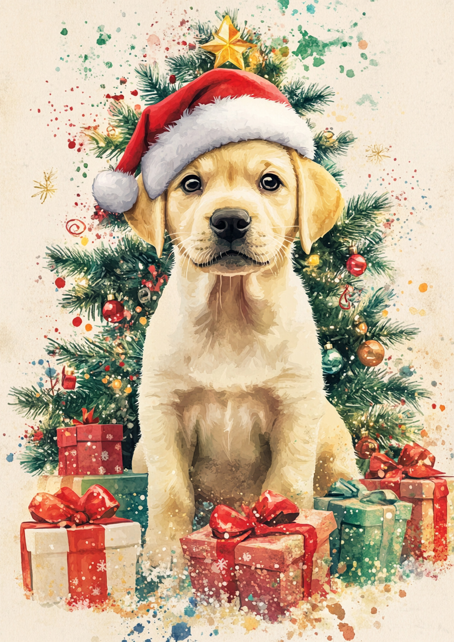 A happy Labrador puppy in Santa hat