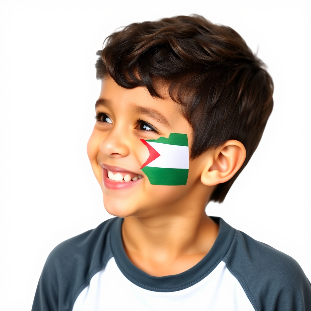 A happy Palestinian boy with flag on cheek.