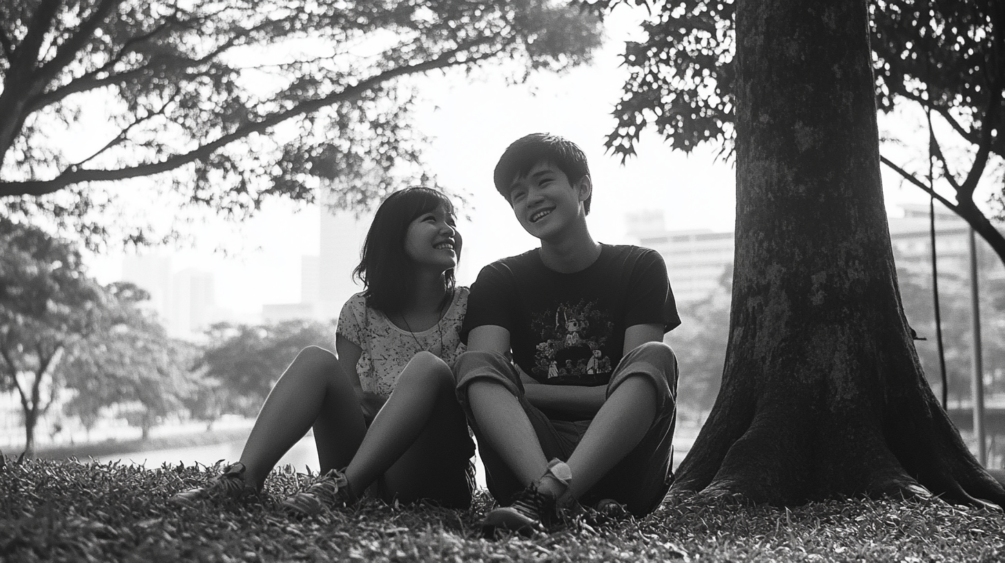 A happy Singaporean boy with his friend at park