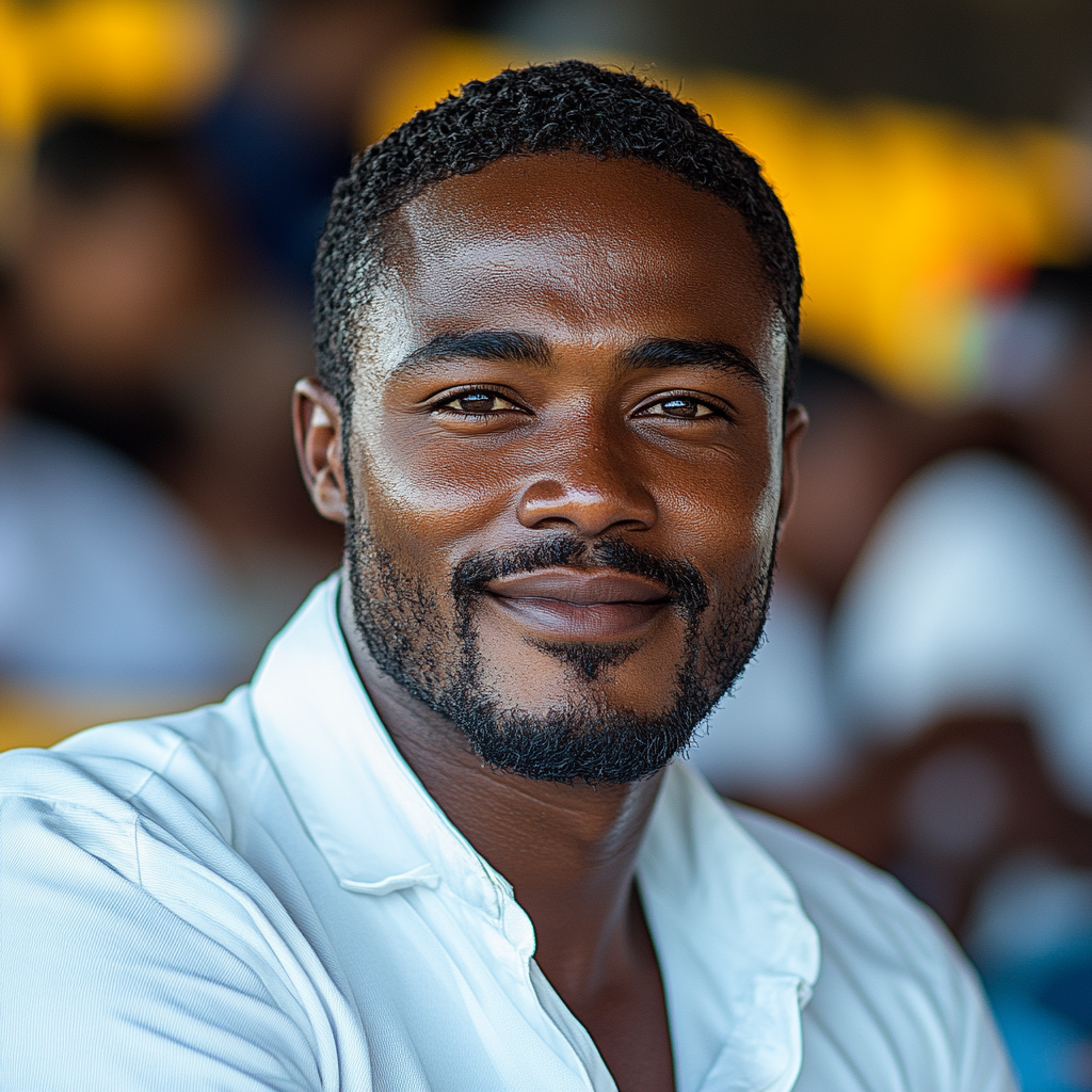 A happy Tanzanian man enjoying sports at stadium