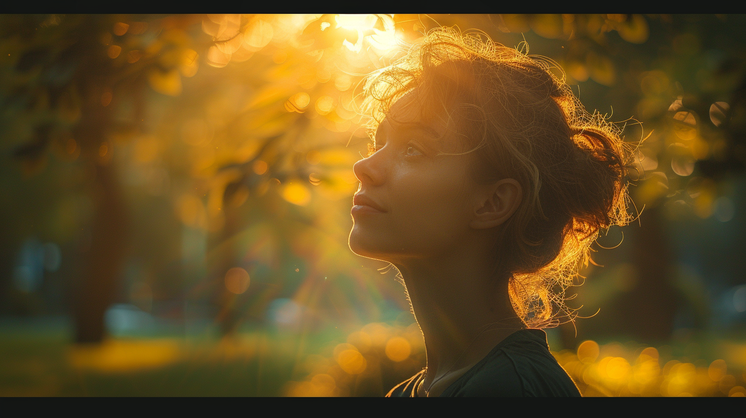 A happy adult walking in peaceful morning park