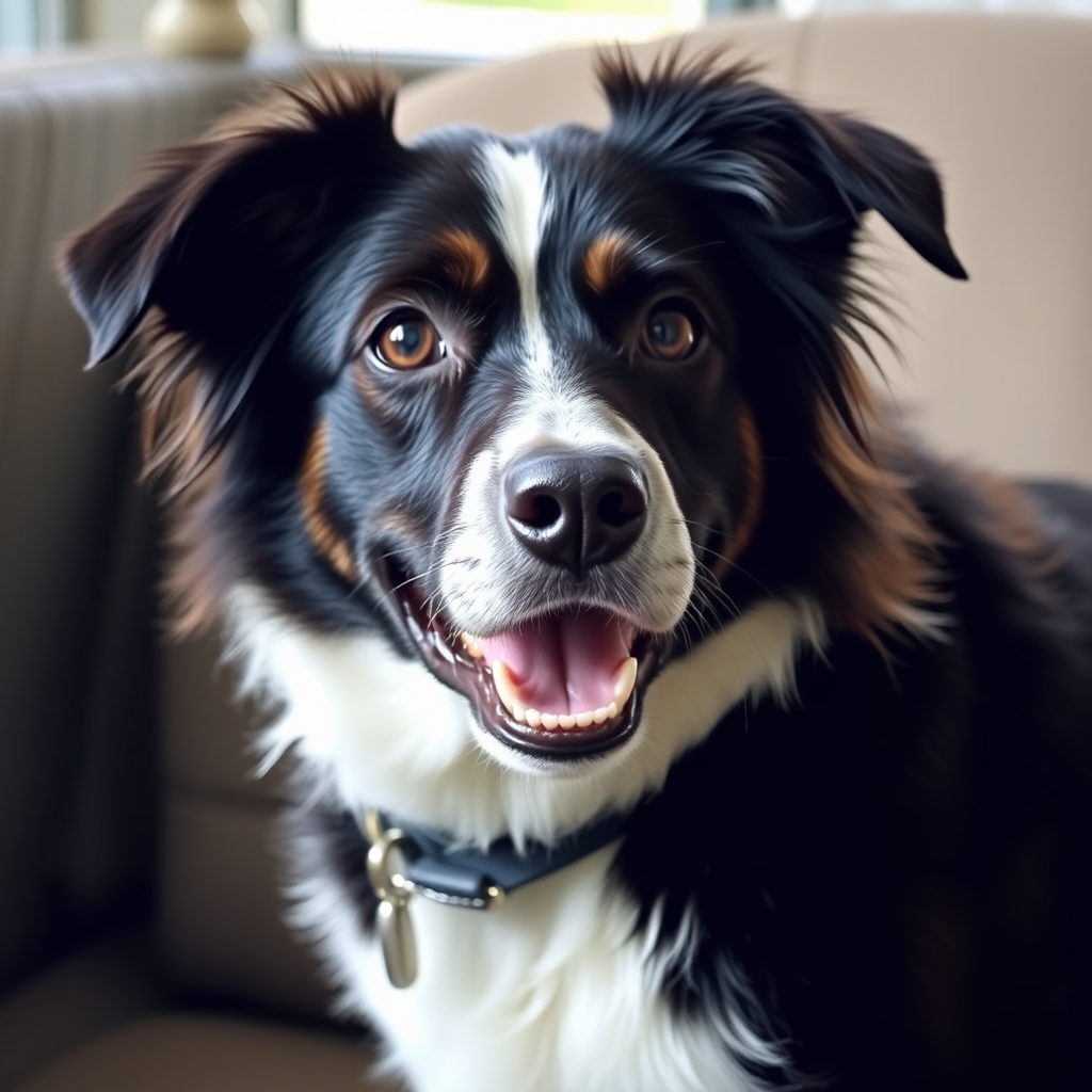 A happy black and white dog playing fetch.