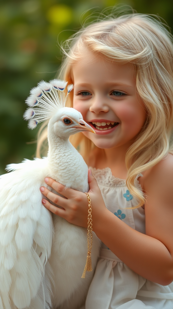 A happy blonde child with a baby peacock