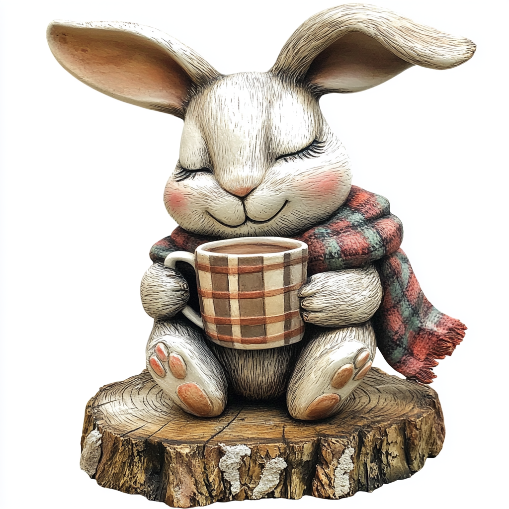 A happy bunny with hot chocolate on a stump.