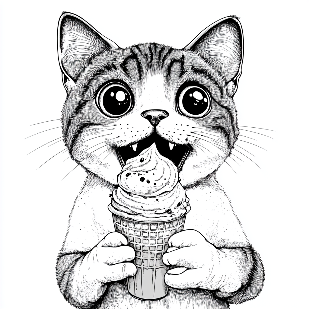 A happy cat holds ice cream in parlor