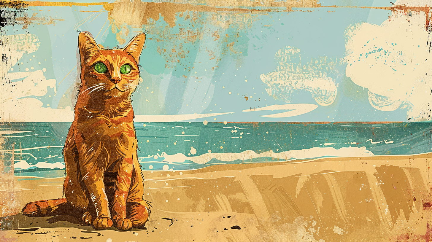 A happy cat on sunny beach in children's book.