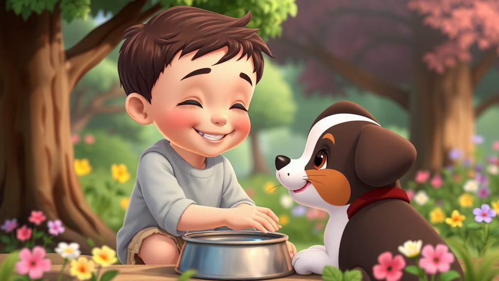 A happy child pets a dog in garden