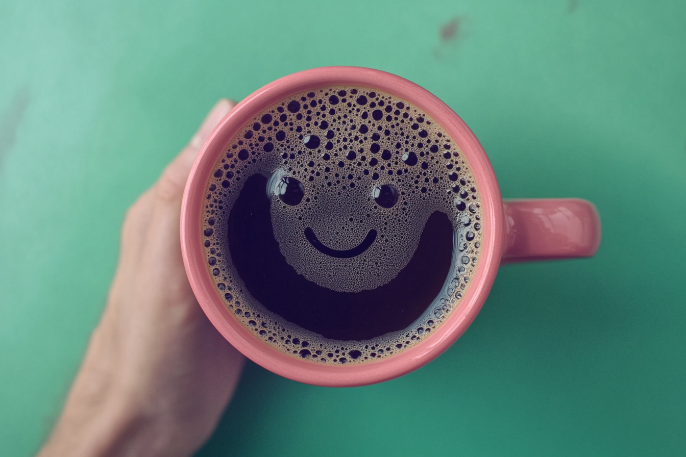 A happy coffee mug on a green table