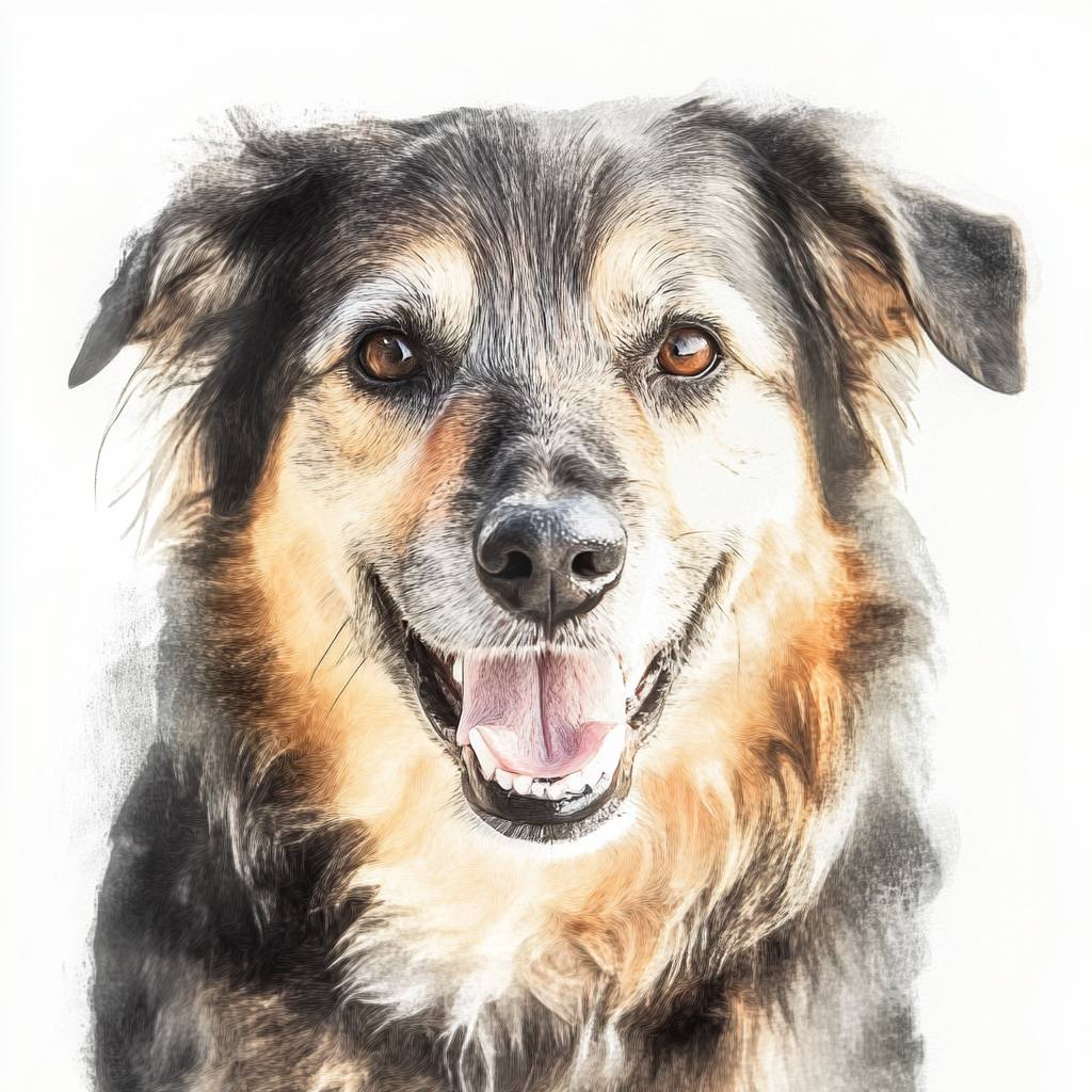 A happy dog's watercolor portrait with long strokes