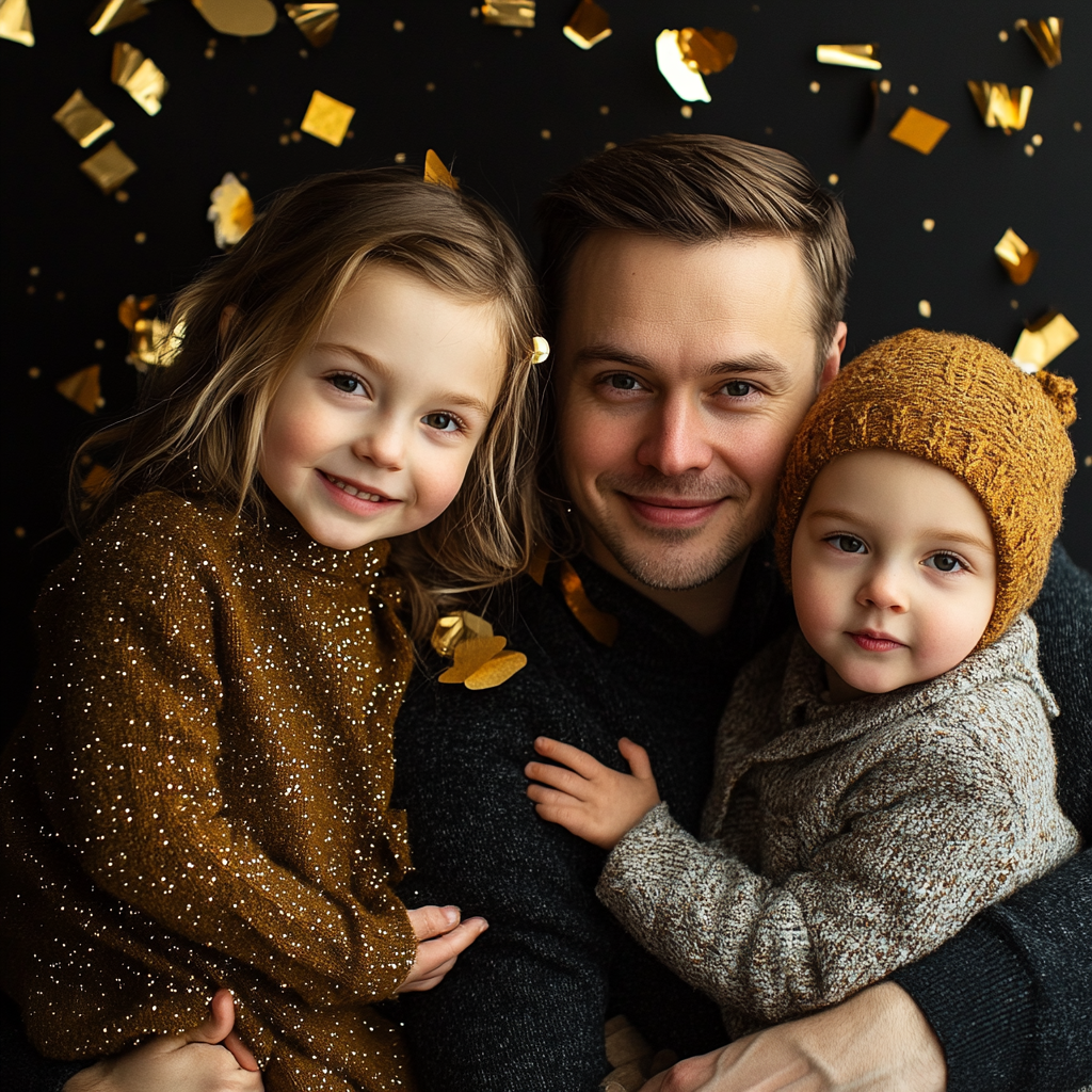 A happy family celebrating Christmas with festive outfits