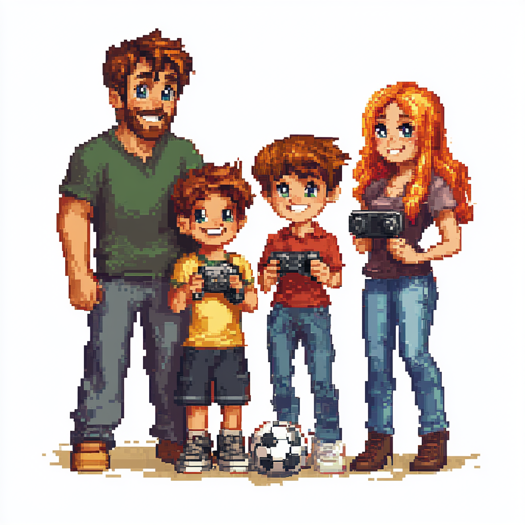 A happy family of four in colorful pixel art.