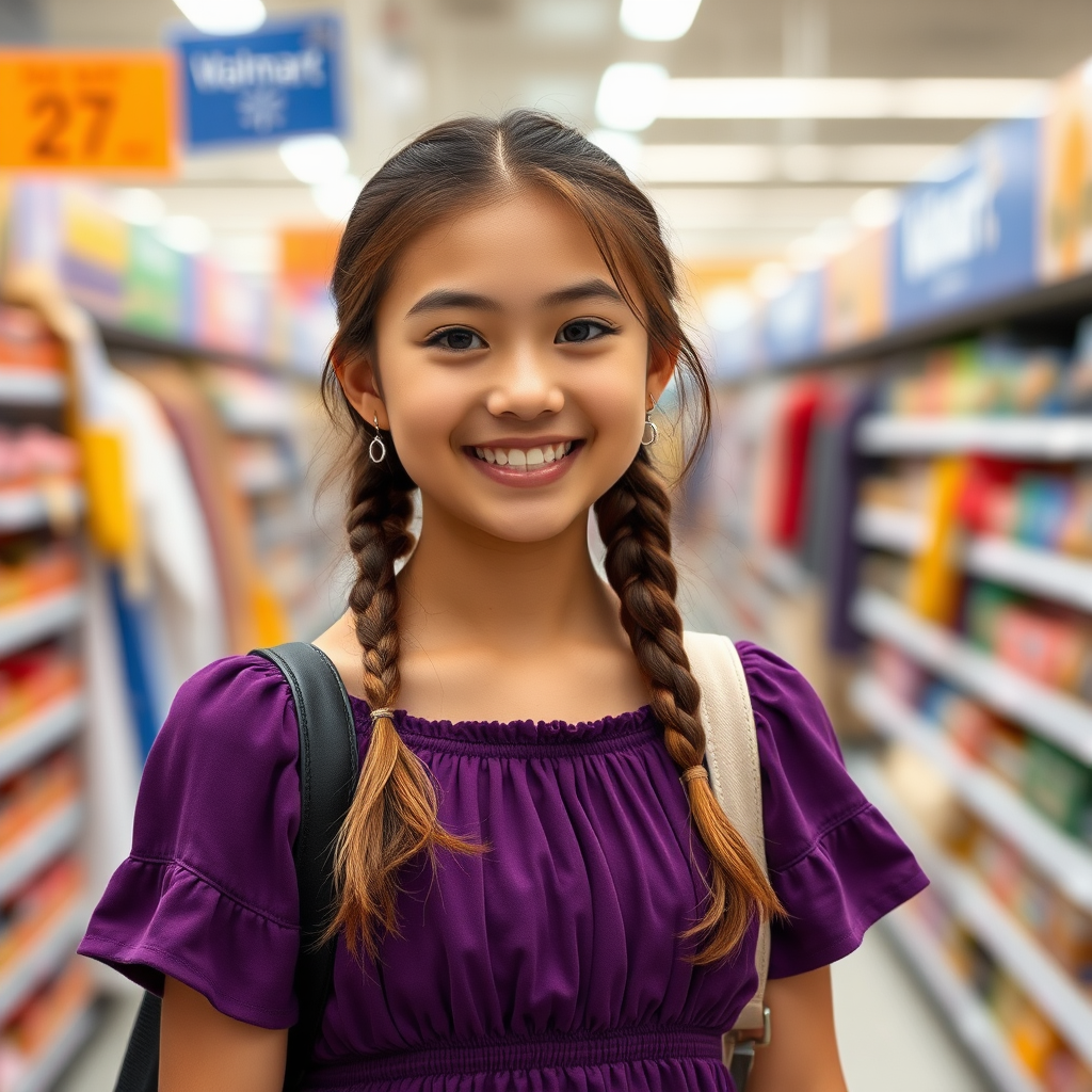 A happy girl shopping for clothes at Walmart.