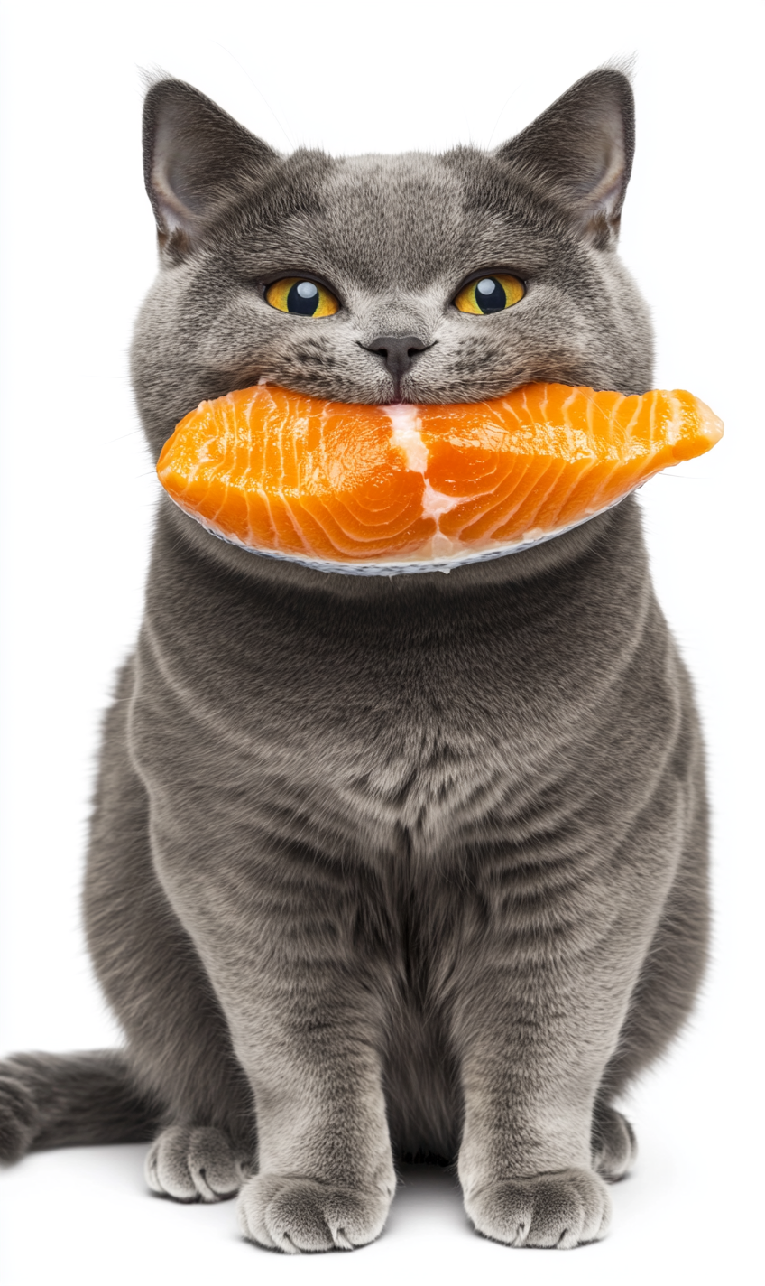 A happy grey cat with salmon in mouth