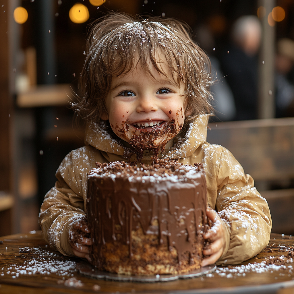 A happy kid eating chocolate cake at restaurant