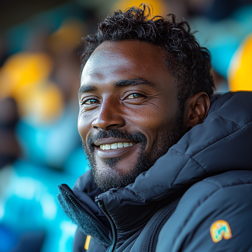 A happy man from Tanzania smiles in stadium