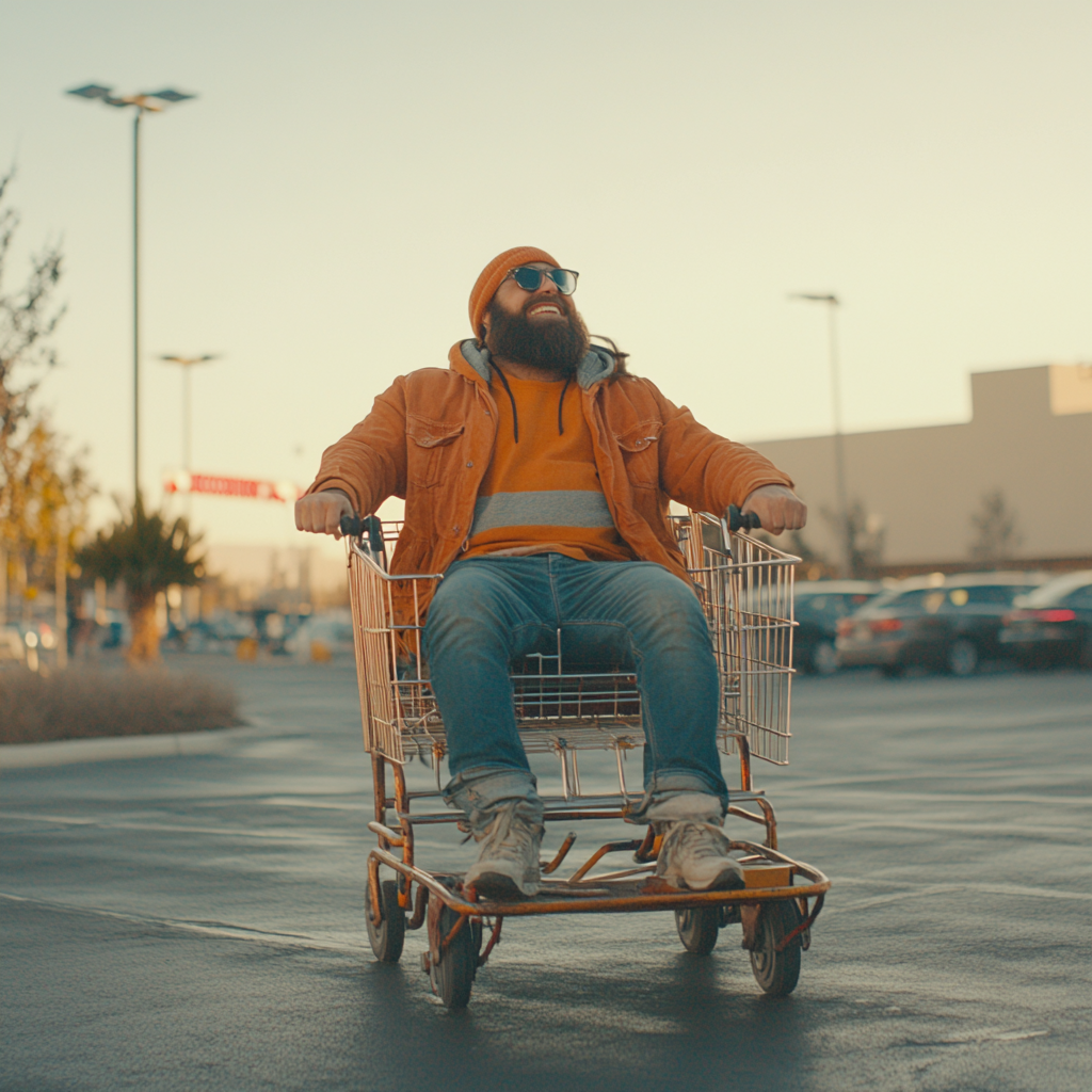 A happy man riding shopping cart in parking lot.