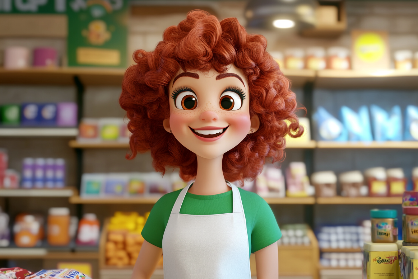 A happy red-haired cartoon character at her store