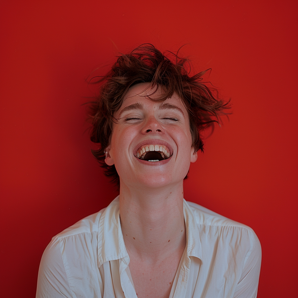 A happy woman in front of red backdrop.