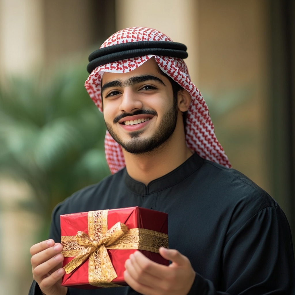 A happy young man holding surprise gift box.