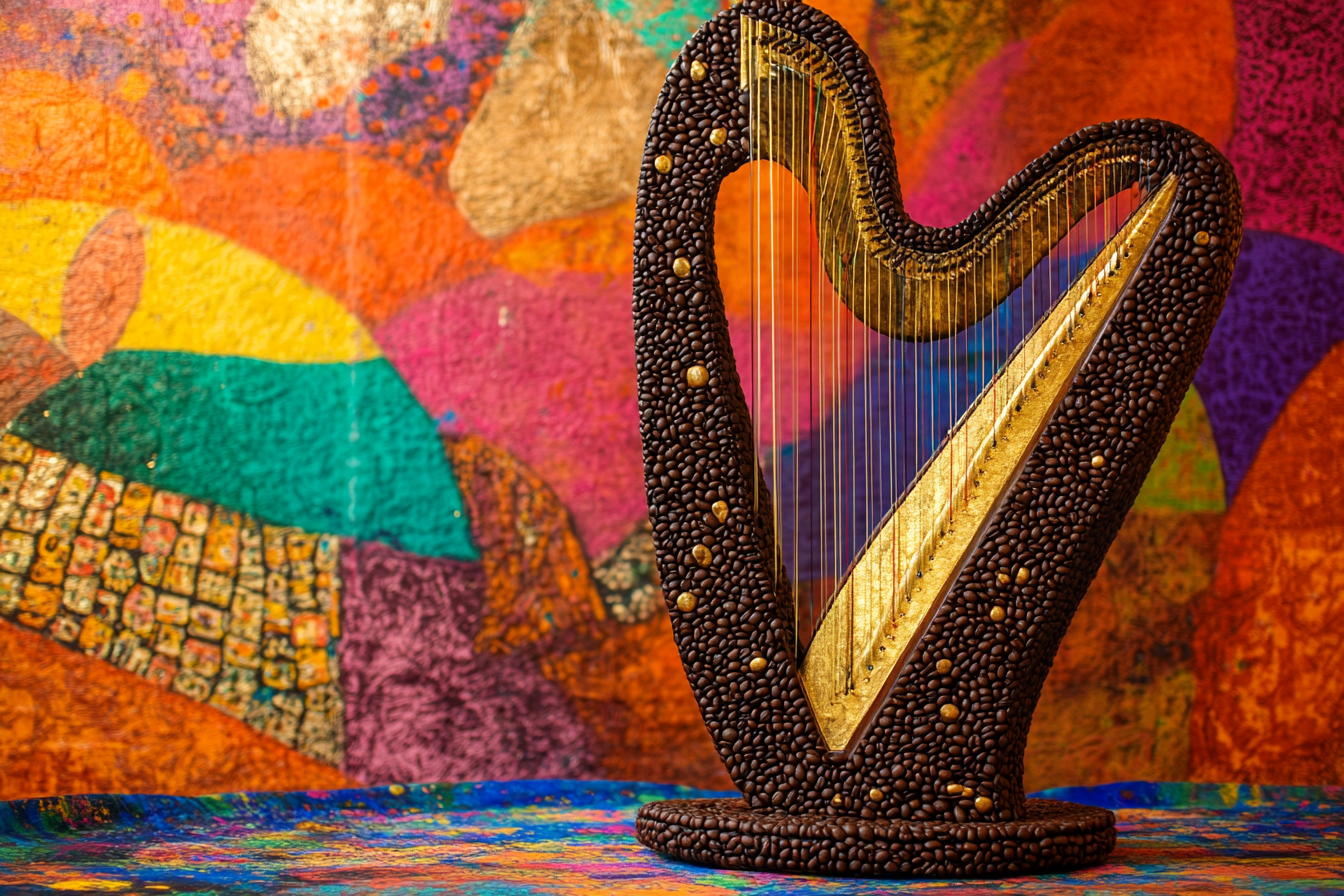 A harp made from coffee beans on colorful wall