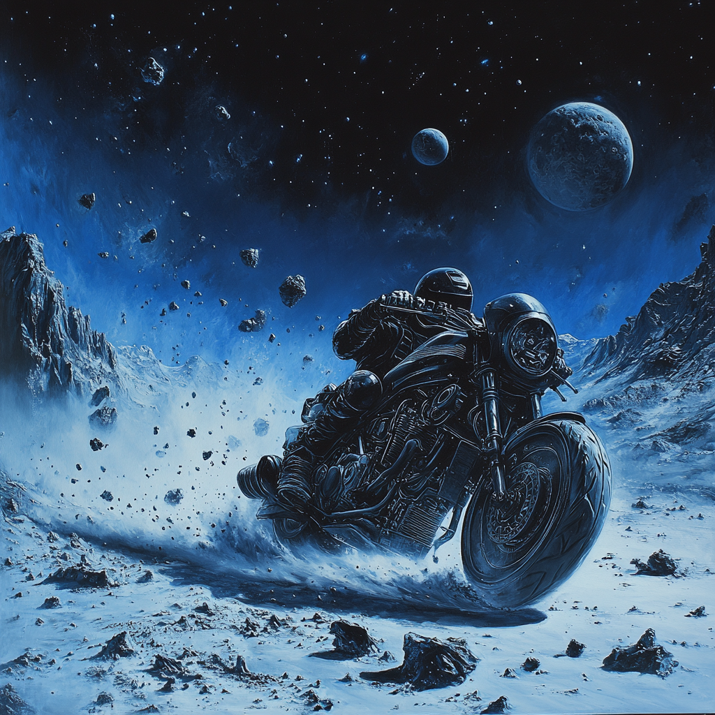 A heavily armored futuristic motorcycle speeds through space.