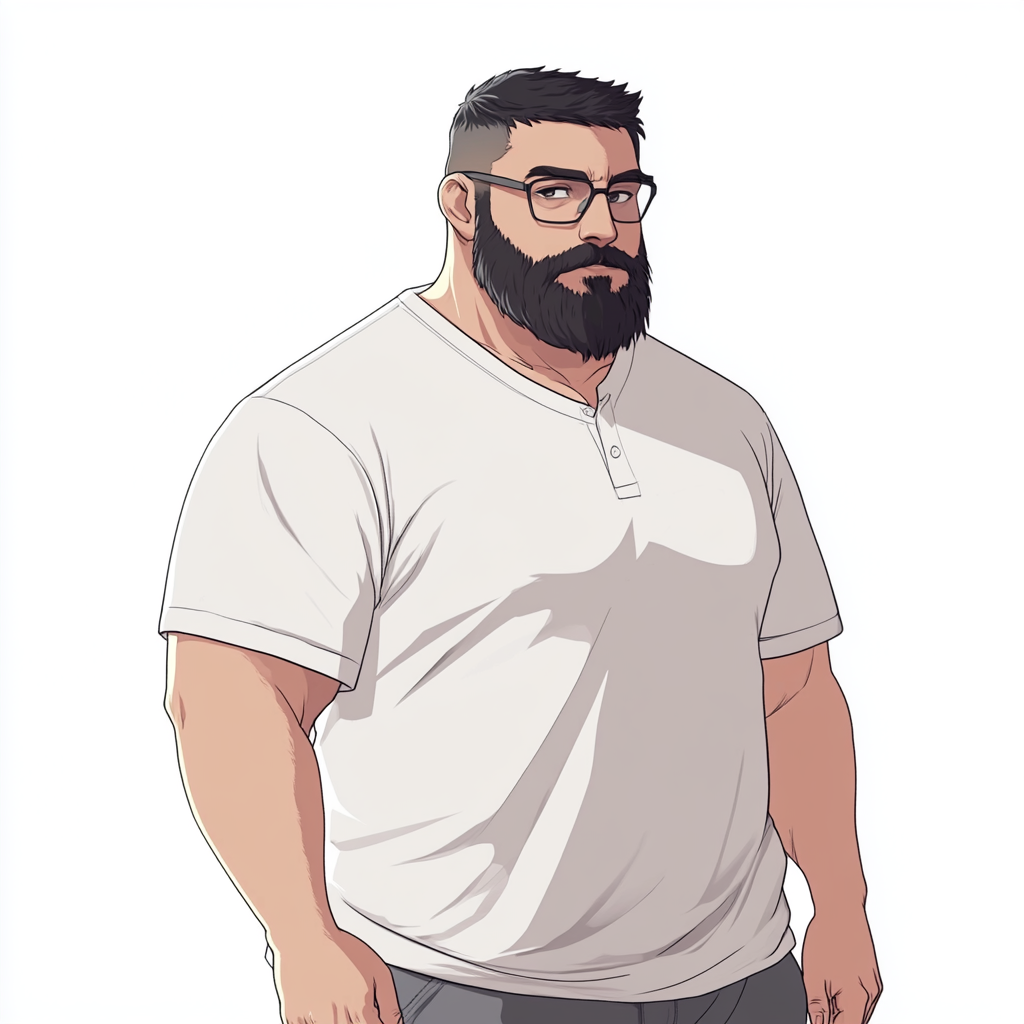 A heavy Dad with black hair and glasses