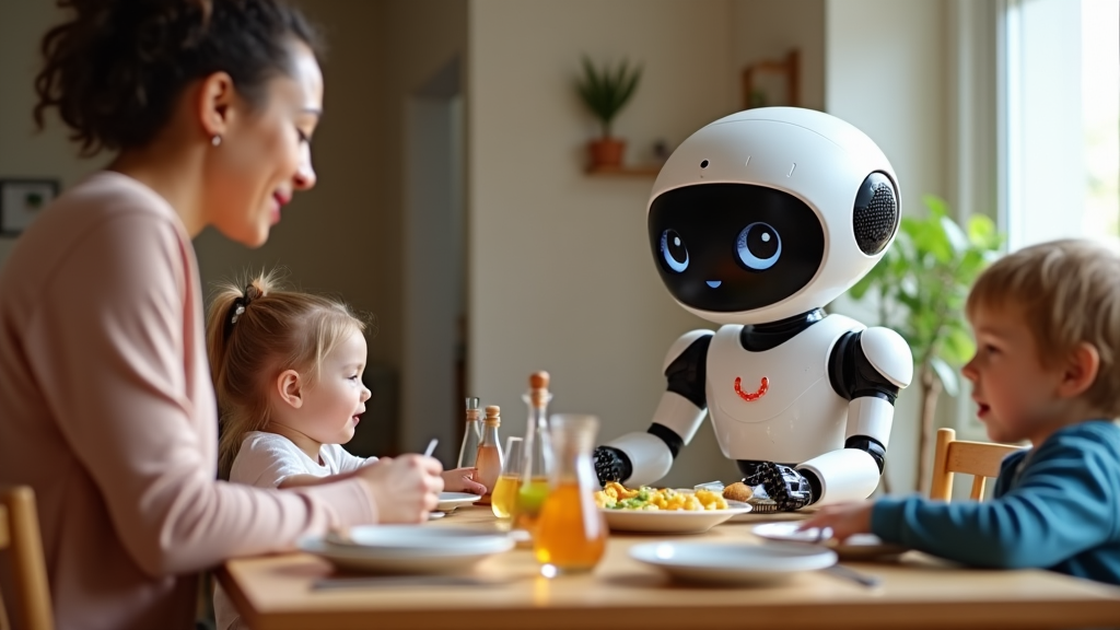 A helpful robot setting dinner table for family.