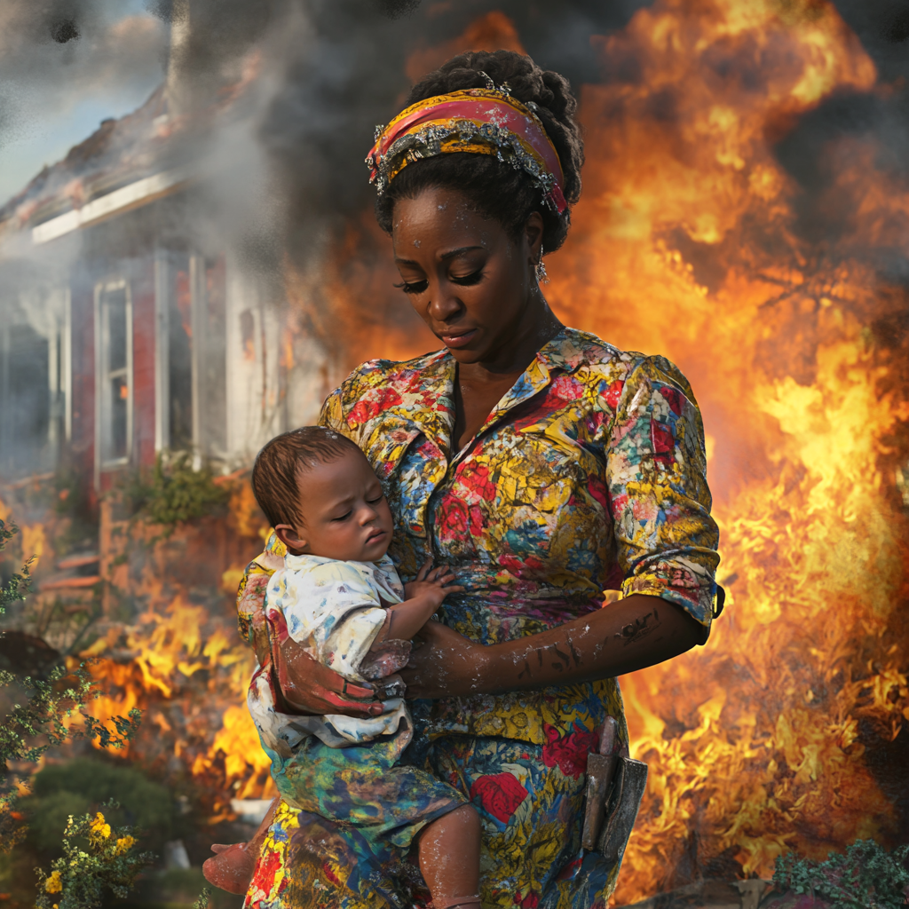 A hero black woman saving toddler from fire.