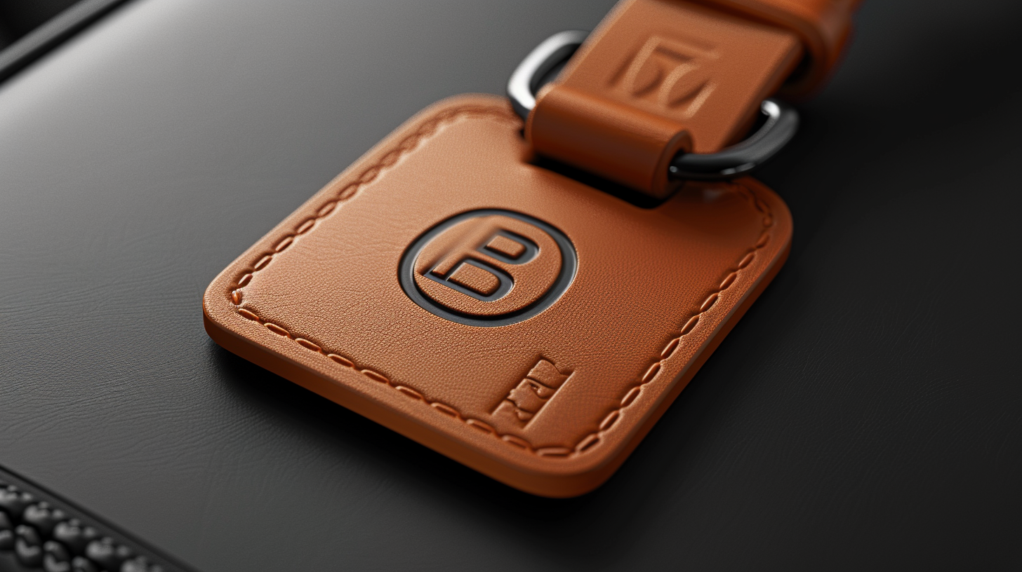 A high-quality leather luggage tag with embossed logo