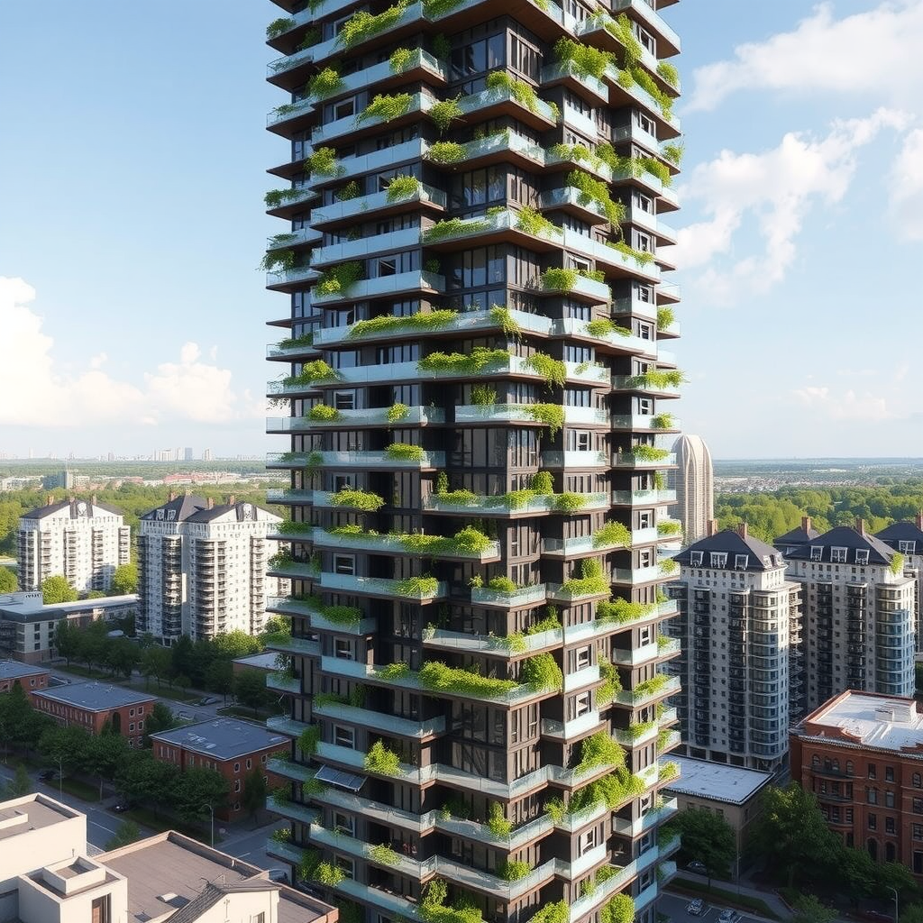 A high-rise tower with sustainable design and distractions.