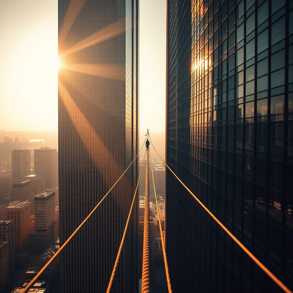 A high-wire artist crossing skyscrapers' tightrope.