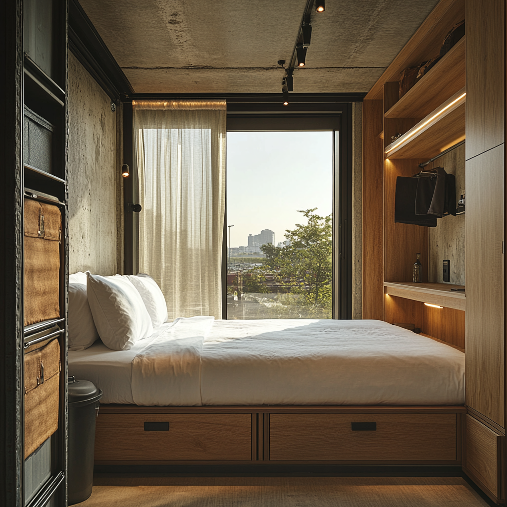 A hotel room in a shipping container with oak panels