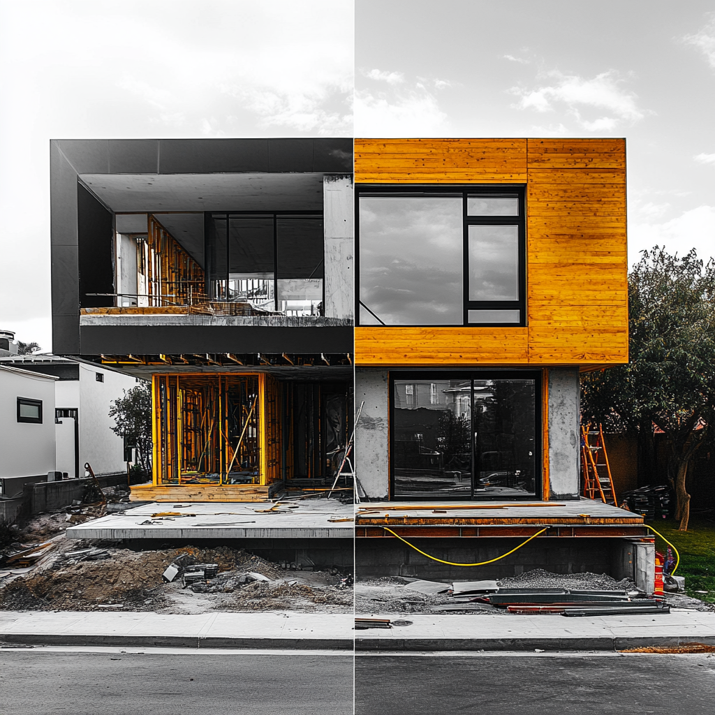 A house half colored, half black, white, under construction.