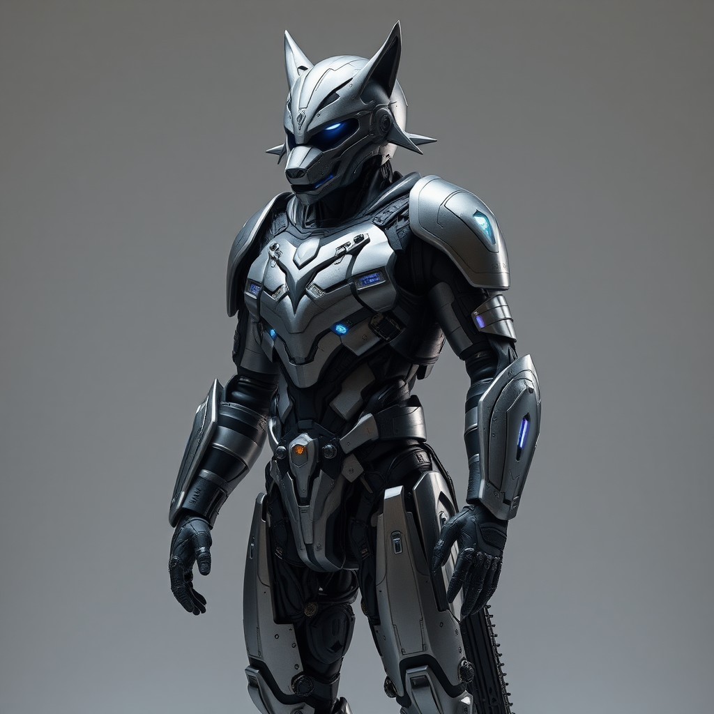 A human wearing steel robotic wolf armor.