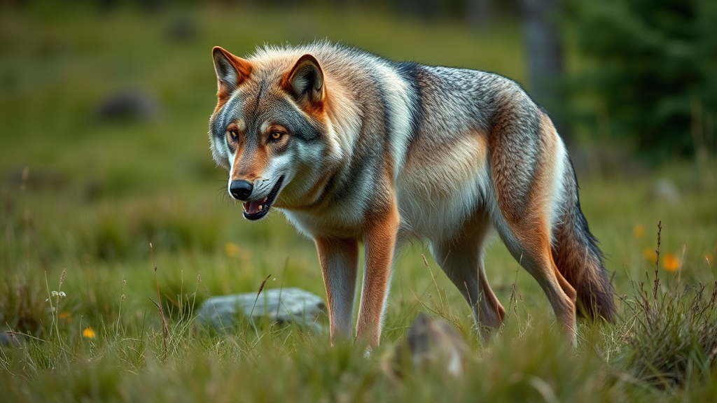 A hungry wolf in the grassy prairie.