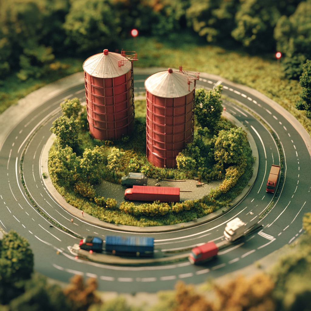 A hyper-realistic small roundabout with mini silos art