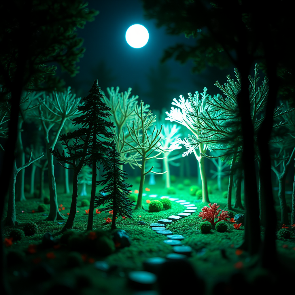 A hyperrealistic colorful 3D miniature forest at night