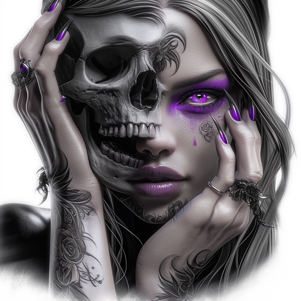 A hyperrealistic witch holding a skull in vivid colors.