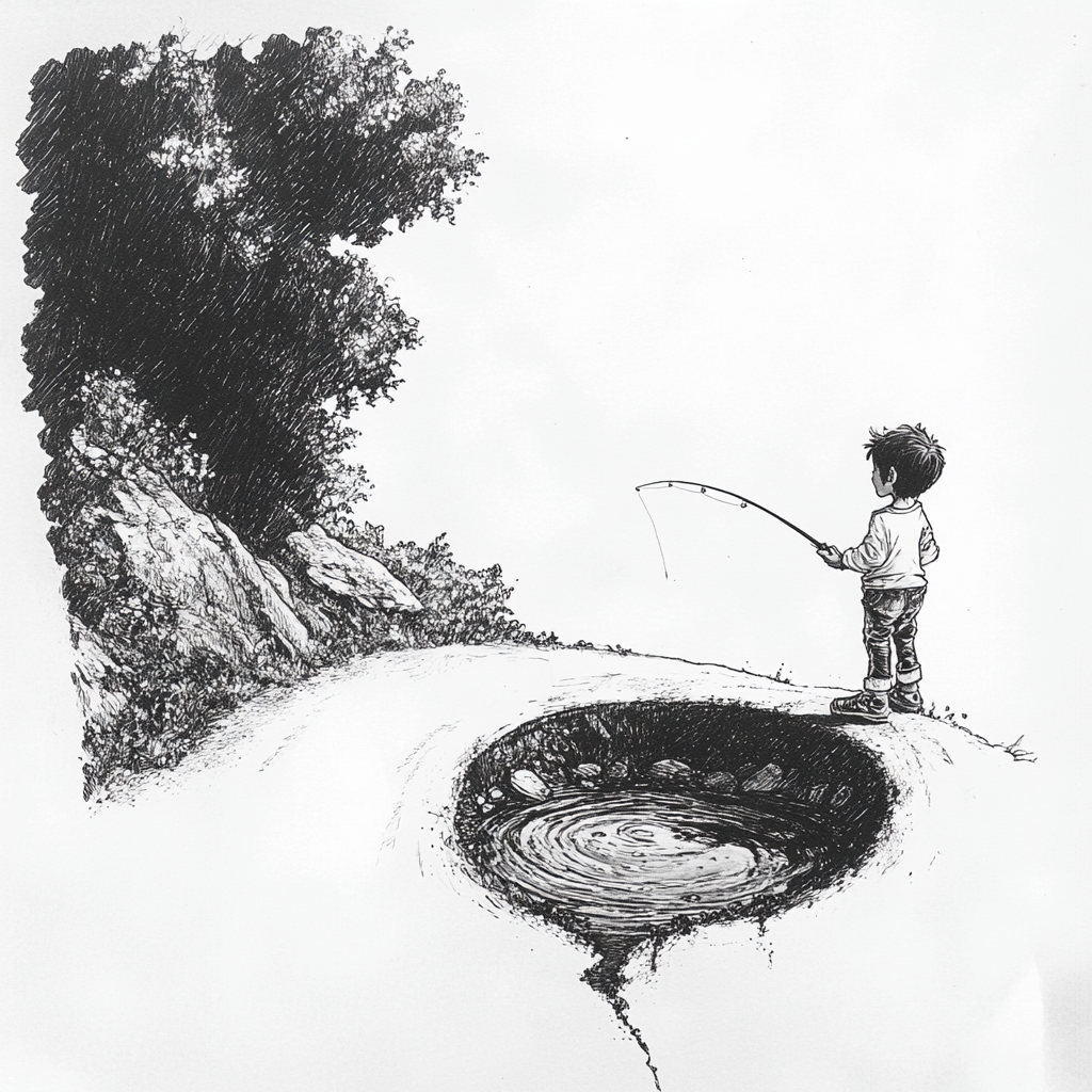 A joyful boy fishing in pothole on road