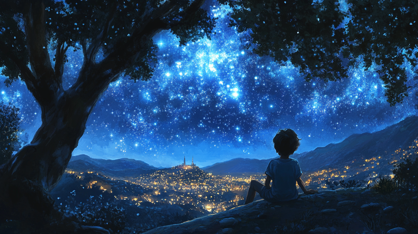 A kid staring at stars under Hollywood hills.