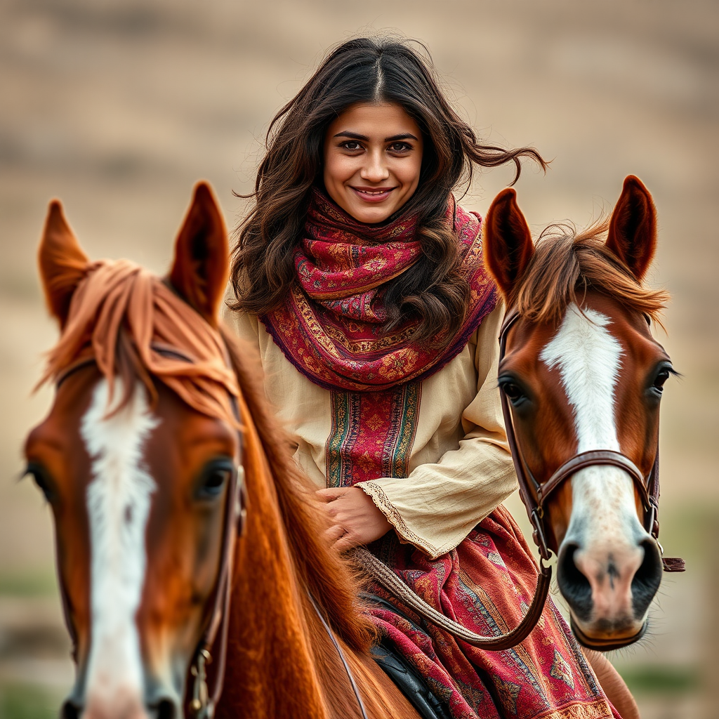 A kind Iranian Muslim girl smiling while riding horse.