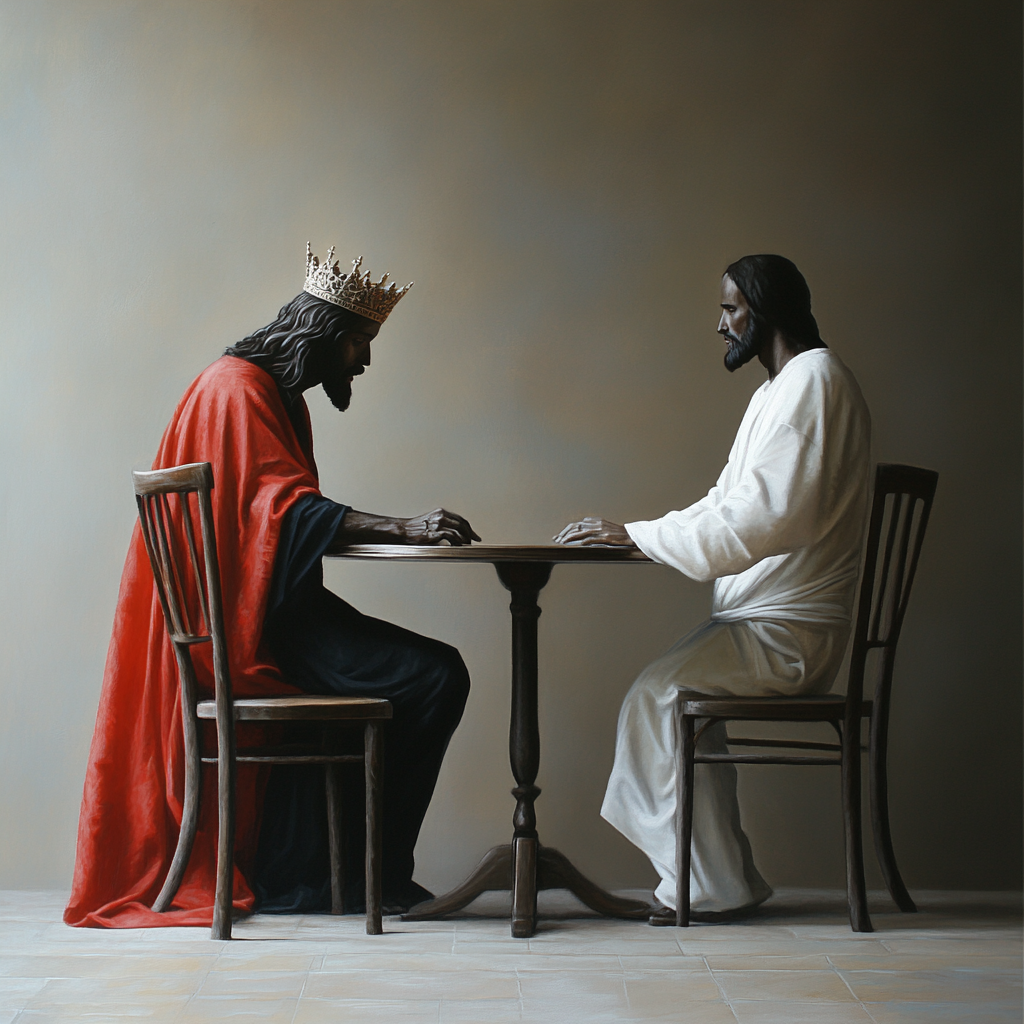 A king-like Jesus sitting at a table.