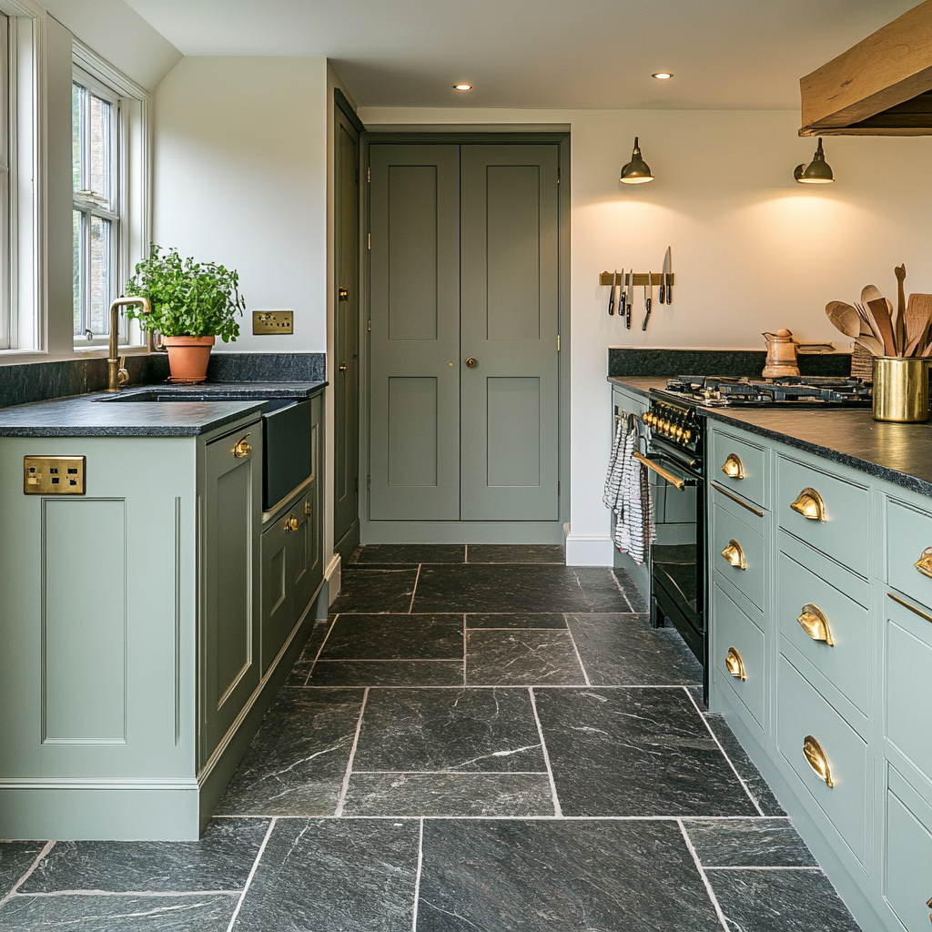 A kitchen with green cabinets, brass handles and tiles.