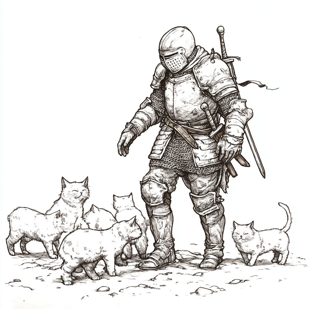 A knight in armor with five cats.