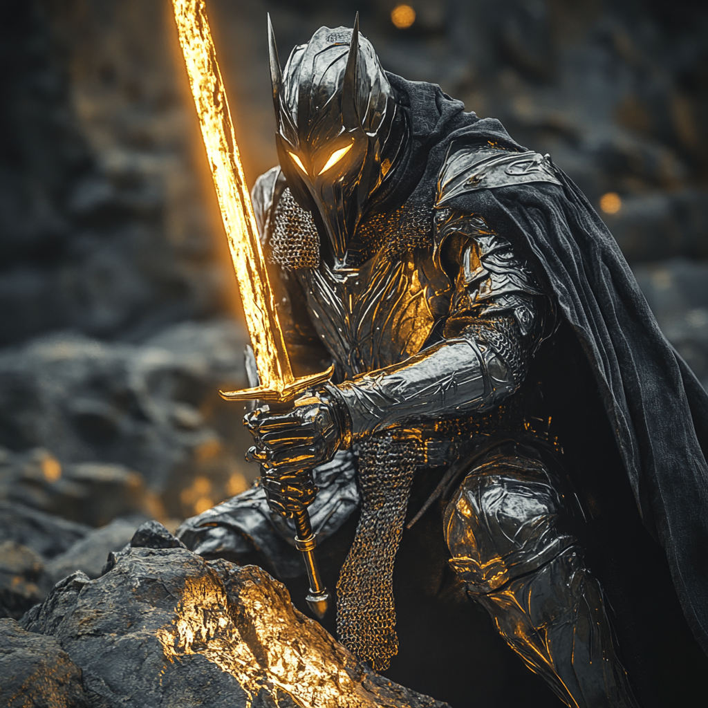 A knight in gold armor holds sword in rock