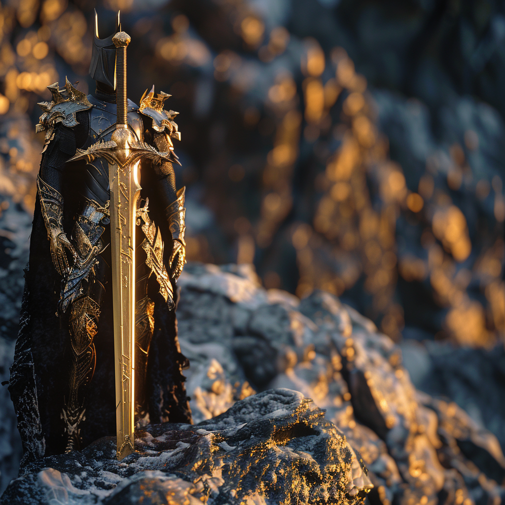 A knight like Sauron holding golden sword in rock