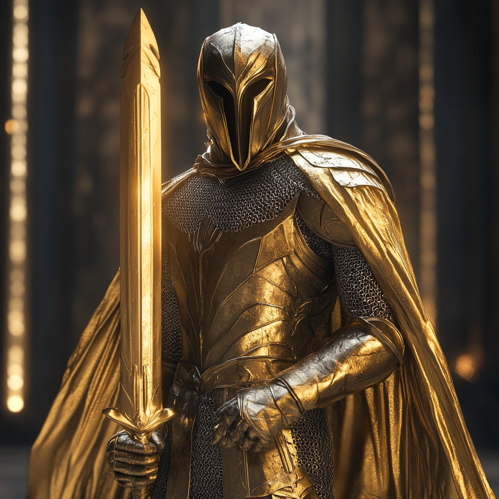 A knight resembling Sauron in glittering armor