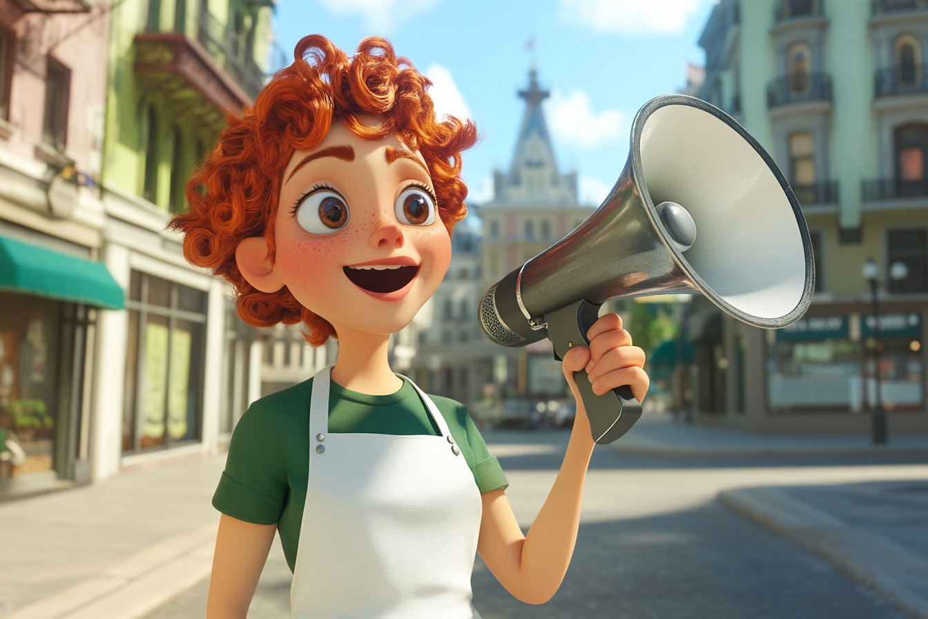 A lady chef with red hair calling customers